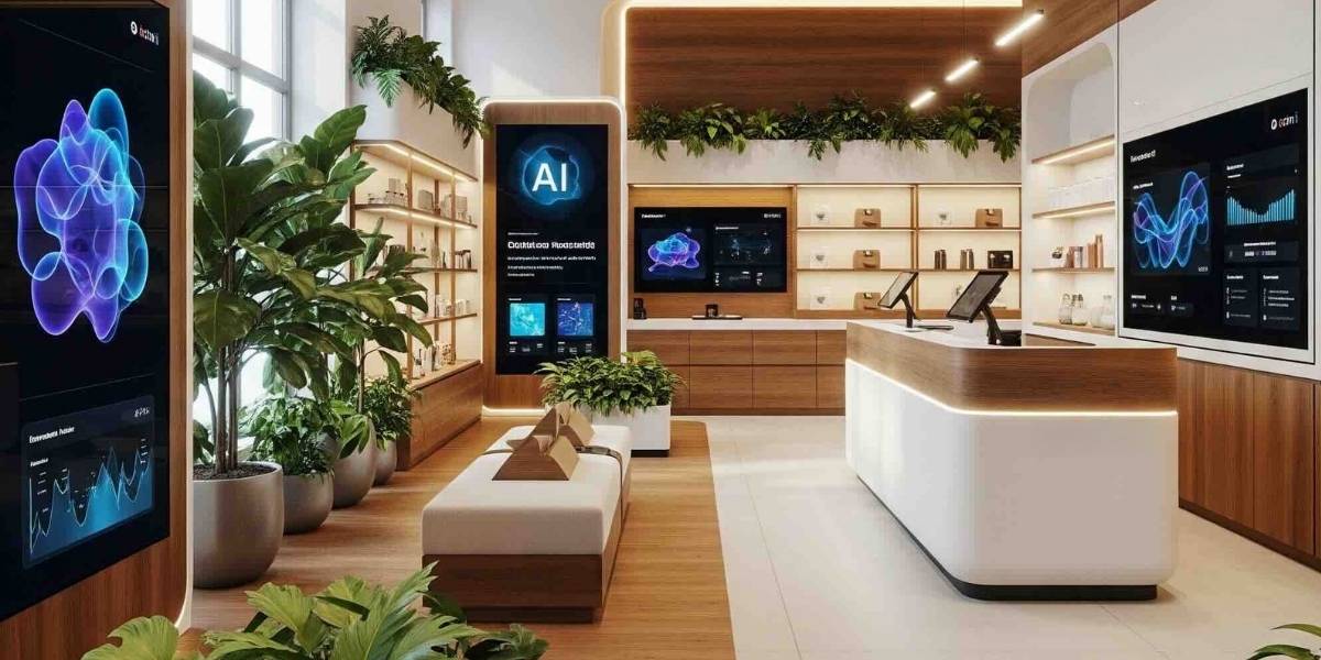 Intérieur boutique franchise moderne 2026 technologie et écologie